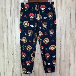 Harry Potter Pajama Bottoms Pants Small Navy Blue Chibi Hogwarts Characters EUC